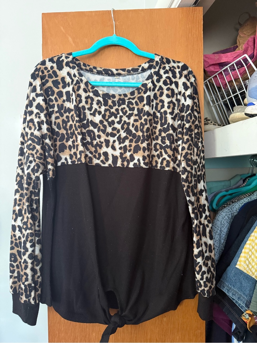 Leopard Print & Black Tie-Hem Women's Top